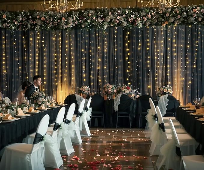 Black Backdrop Curtains with Lights String for Parties Wedding Bridal Shower 10×10ft Sheer Tulle Backdrop Curtain Panels for Baby Shower Birthday Party Photo Shoot Background Wall Decorations