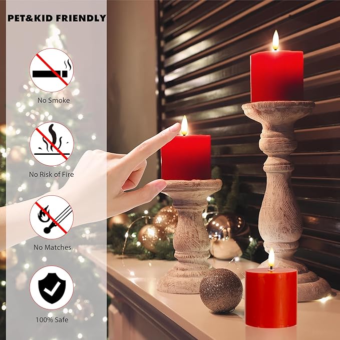Red Flameless Pillar Candles Set of 3 (3"x3"), Battery Operated LED Candles with Timer and Remote, Real Wax Flickering Light for Christmas Decorations, Romantic Dinner or Holiday Gift