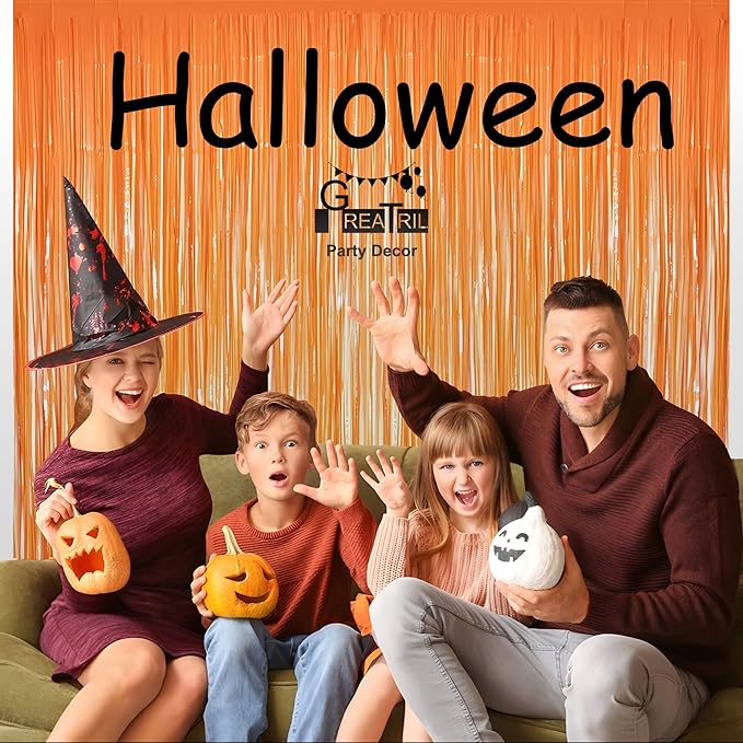 Orange Tinsel Curtain Party Backdrop - GREATRIL Foil Fringe Curtain Party Streamers for Fall/Thanksgiving Day/Birthdays/Doorway/Easter/Coco Theme/Day of The Dead Party Decorations 2 Packs