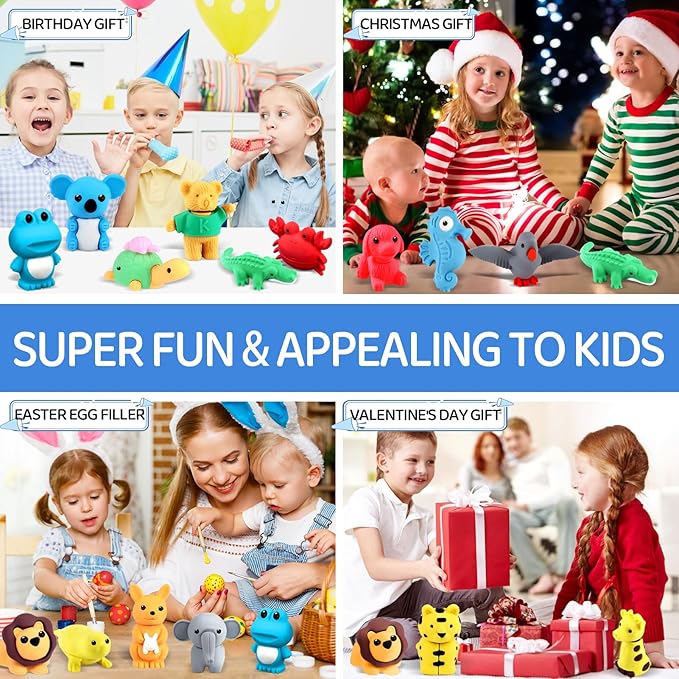 36Pcs Animal Erasers Kids Desk Pets Pencil Erasers 3D Puzzle Bulk Mini Animal Eraser Toys Fun Cute Eraser for Classroom Rewards, Game Prizes, Treasure Box, Easter Egg Fillers