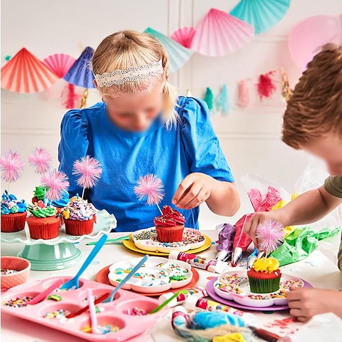 Ephlyn 30Pcs Foil Firework Cupcake Toppers Sparkle Tinsel Cupcake Picks Happy Birthday Cake Toppers Drink Cocktail Food Fruit Toothpicks for Baby Shower Birthday Party Supplies Pink