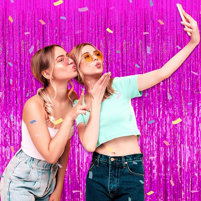 3 Pack Rose Red Foil Fringe Curtain Backdrop, 3.28Ft x 8.2Ft Metallic Tinsel Foil Fringe Streamer Curtains for Photo Booth, Mother's Day, Easter, Birthday, Wedding Party Decorations