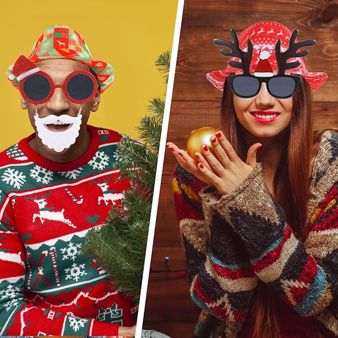 12pcs Christmas Photo Booth Prop, 6pcs Fedora Hats, 6pcs Party Sunglasses for Adult, Teen, Ugly Sweater Hat, Funny Glasses, Merry Xmas Carnival Party Costume Prop