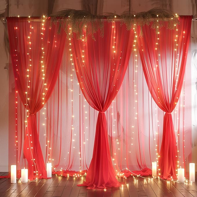 20ft x 10ft Red Backdrop Curtain with Lights String for Parties, Sheer Tulle Wedding Photo Backdrops Drapes for Baby Shower Birthday Party Decorations Background for Photography