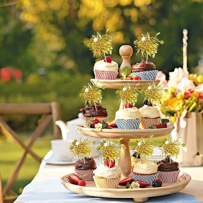 Gyufise 30Pcs Star Foil Firework Cupcake Toppers Sparkle Tinsel Cake Toppers Tinsel Drink Cake Decoration Cocktail Picks for Birthday Wedding Graduation Party Supplies Gold