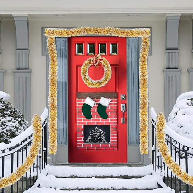 50FT Gold White Christmas Tinsel Garland, Metallic Twist Xmas Garlands for Christmas Tree Decorations, Holiday Hanging Garlands for Mantel Staircase Indoor Outdoor Home Office Party Holiday Decor