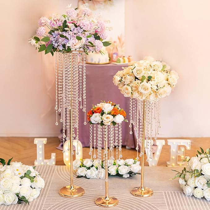 Sziqiqi Flower Centerpieces for Wedding Tables Metal - Tall Vases with Chandelier Crystal Beads for Head Table Gold Flower Stand for Wedding Reception Party Events Road Lead