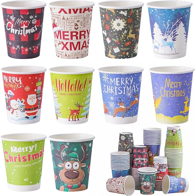 120 Pcs Christmas Disposable Paper Cups 9oz Coffee & Tea Cup with 10 Holiday Designs Christmas Hot Chocolate Cocoa Cup Drinkware Xmas Drink Cups for Cold/Hot Beverage Winter Party Supplies