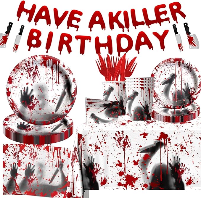 Have a Killer Birthday Decoration,142PCS Halloween Scary Party Tableware Decorations Include Killer Banner Horror Plates Napkins Bloody Tablecloth for Horror Themed Birthday Supplies