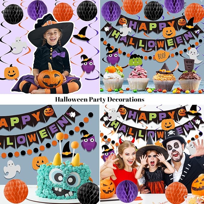 meowtastic Happy Halloween Banner Decorations - Halloween Banner with Honeycomb Ball, Hanging Swirl Streamer, Circle Dot Garland Decorations for theme Party Decorations