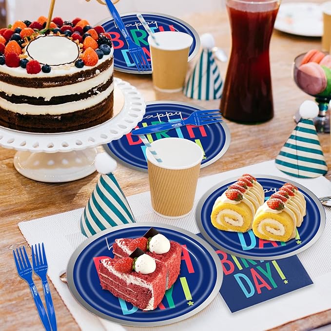96Pcs Dark Blue Party Decorations Tableware Set Plates Napkins Forks Serves 24 Guests Multicolor Happy Birthday Party Decorations