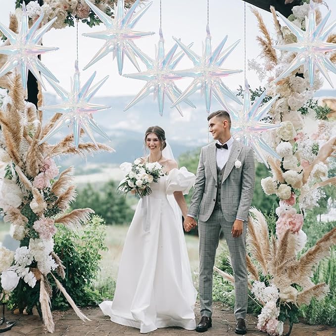 6PCS Iridescent Star Balloons, 22Inch Huge Iridescent Explosion Star Balloons Holographic Spike Cone Foil Balloon for Baby Shower Bridal Shower Wedding Winter Birthday Party Decorations