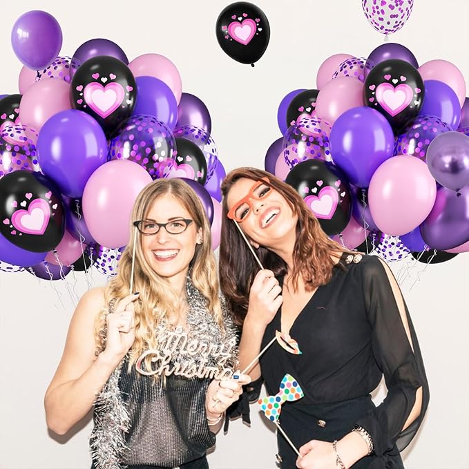 Pink Purple Black Balloons, 50PCS 12 Inch Black Macaron Metallic Purple Pink Birthday Heart Printed Balloons for Princess Theme Birthday Decorations Baby Shower Party