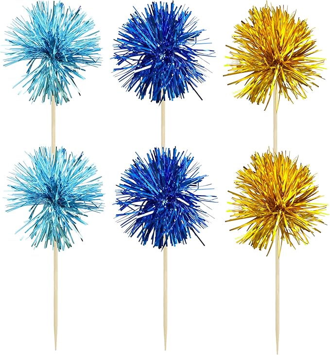 Gyufise 30Pcs Foil Firework Cupcake Toppers Sparkle Tinsel Cake Toppers Tinsel Drink Cake Decoration Cocktail Picks for Birthday Wedding Graduation Party Supplies Gold Light Dark Blue