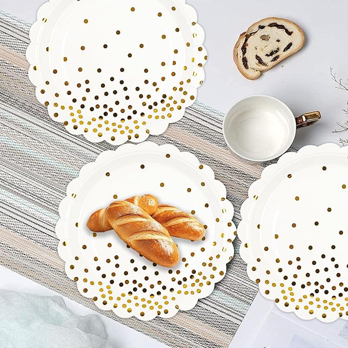 90PCS White and Gold Paper Plates Napkins Party Supplies,7Inch Scalloped Gold Dot Paper Dessert Plates and Napkins Set Disposable Birthday Cake Plate Tableware Party Supplies for Wedding