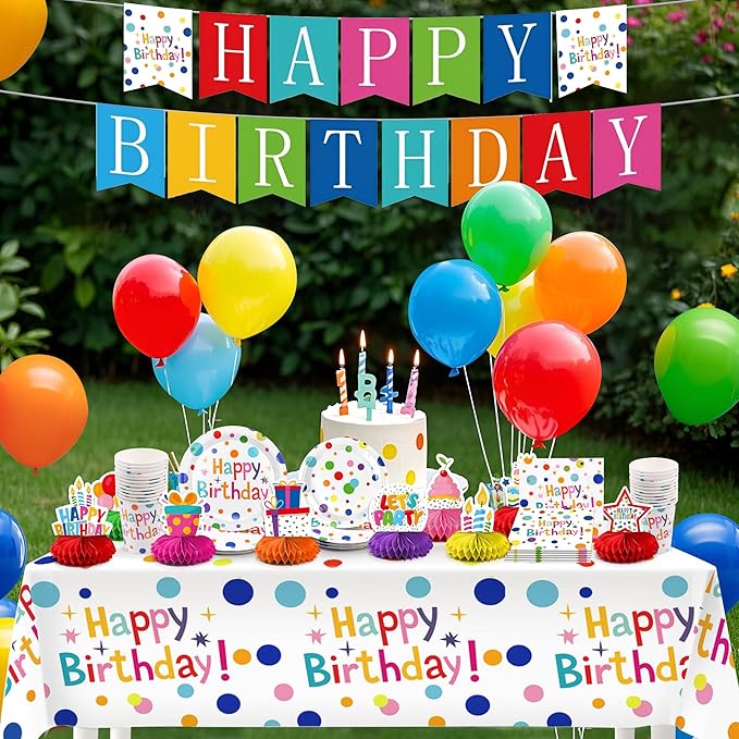 127Pcs Happy Birthday Party Supplies Decorations Set - Dot Design Disposable Tableware Kit with Plates, Napkins, Cups, Tablecloth, Banner, Balloons & Honeycomb Centerpieces for Boys Girls, Serves 24