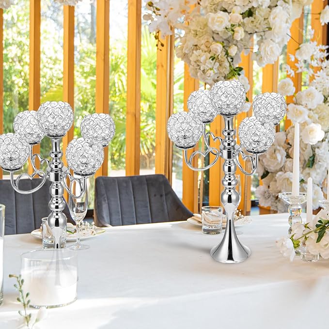 2 Pack 5 Arm Crystal Candelabra Centerpieces 21.5 Inch Tall Candle Holder Table Candelabra Stand with Crystal Candle Holder Bowl for Home Wedding Anniversary Dinner Party Table Decoration (Silver)
