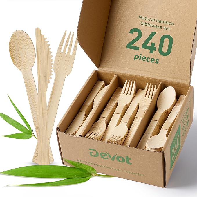 Devot 100% Natural Bamboo Disposable Cutlery Set - 240 Mix (60 Knives, 120 Forks, 60 Spoons) 6.7", Eco Friendly Utensils, Biodegradable, Compostable and Perfect For Weddings, Camping, Party
