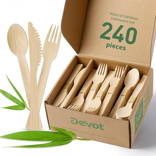 Devot 100% Natural Bamboo Disposable Cutlery Set - 240 Mix (60 Knives, 120 Forks, 60 Spoons) 6.7", Eco Friendly Utensils, Biodegradable, Compostable and Perfect For Weddings, Camping, Party