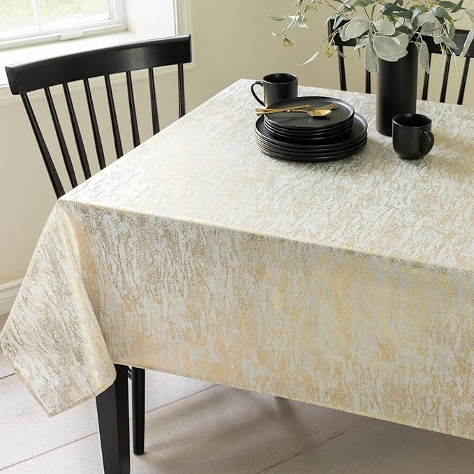 Benson Mills Metals Metallic Foil Printed Fabric Table Cloth, Holiday, Winter, Thanksgiving, and Christmas Tablecloth (60" x 120" Rectangular, Metals Ivory-Gold)