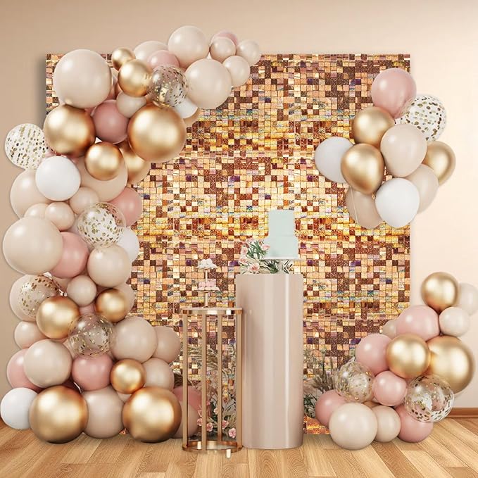 36 PCS Champagne Shimmer Wall Backdrop, Laser Square Sequin Photo Backdrops Panel, Glitter Wall Background for Birthdays, Weddings, Halloween, Engagements, Disco Bachelorette Party Decoration (6x6FT)