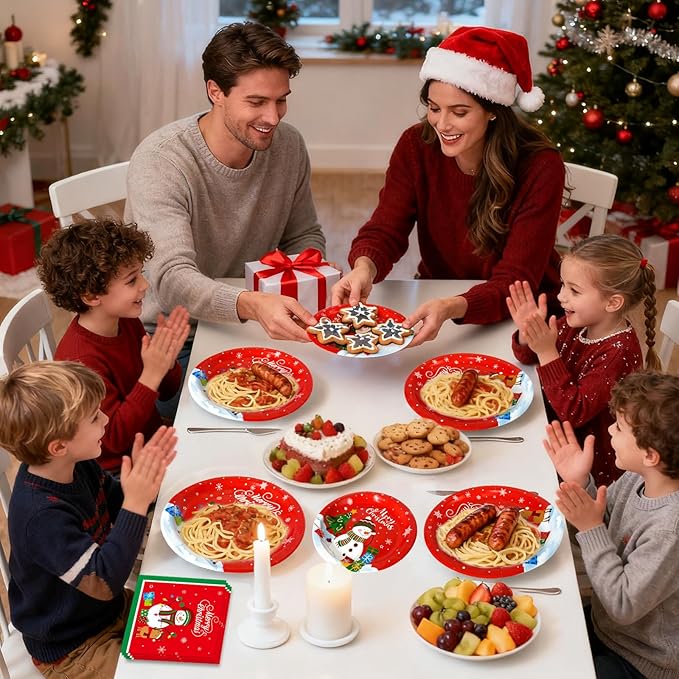 150 Pcs Merry Christmas Plates and Napkins Set - Xmas Paper Plates and Napkins, Snowman Dinner Dessert Plate Napkin Tableware Kit for Winter Christmas Party Supplies Table Decorations, Serve 50