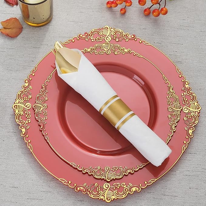 Liacere 30 PCS Gold Plastic Silverware with Pre Rolled Napkins - Gold Plastic Cutlery Premium Gold Plastic Utensils with Red Handle Includes 10Forks 10Knives 10Spoons 10Napkins for Christmas Day