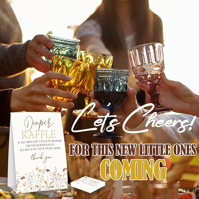 Wildflower Diaper Raffle Tickets and Sign, Thanksgiving Baby Shower Card Set (1 Sign and 50 Cards), Fall Floral Gender Reveal Party Favor Supplies -A16