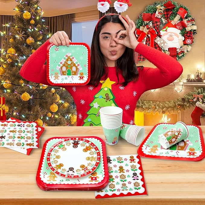 100 Christmas Party Paper Plates Napkins and Cups Set Gingerbread Disposable Dinnerware Set