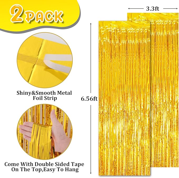 2 Pack Gold Tinsel Foil Fringe Curtains, Gold Party Decorations, Metallic Tinsel Party Streamers Backdrop for Birthday Baby Shower Graduation Wedding New Year Party Decorations