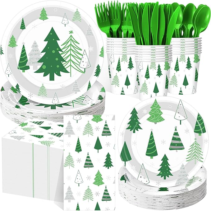 Pickmesh 400 Pcs Christmas Party Supplies Green Silver Xmas Tree Snowflake Disposable Paper Plates Napkins Cups Cutlery for Winter Xmas Christmas Birthday Party Table Decorations Serve 50