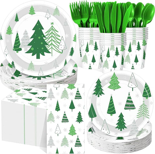 Pickmesh 400 Pcs Christmas Party Supplies Green Silver Xmas Tree Snowflake Disposable Paper Plates Napkins Cups Cutlery for Winter Xmas Christmas Birthday Party Table Decorations Serve 50