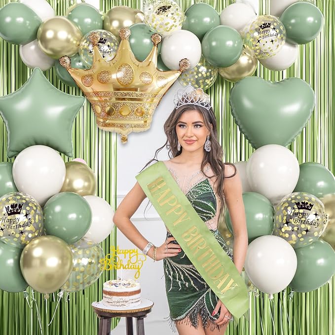 Sage Green Birthday Decorations with Olive Green Fringe Curtain Sash Foil Balloon Eucalyptus White Gold Latex Balloons Happy Birthday Banner for Girls Women Party Decoration