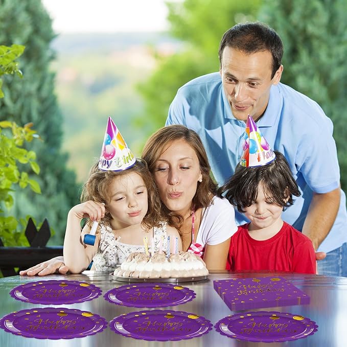 50PCS Purple and Gold Happy Birthday Paper Plates and Napkins Party Decorations- 7 Inch Scalloped Dessert Plates and 6.5 Inch Napkins Disposable Tableware Set Birthday Party Supplies , Serves 25