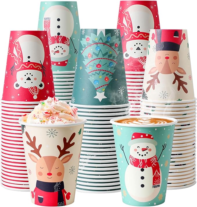 100 Pack Christmas Paper Cups 12 oz Xmas Disposable Coffee Cups, Snowman Elk Xmas Party Cup for Hot Cocoa Chocolate, Christmas Holiday Party Drinkware Supplies