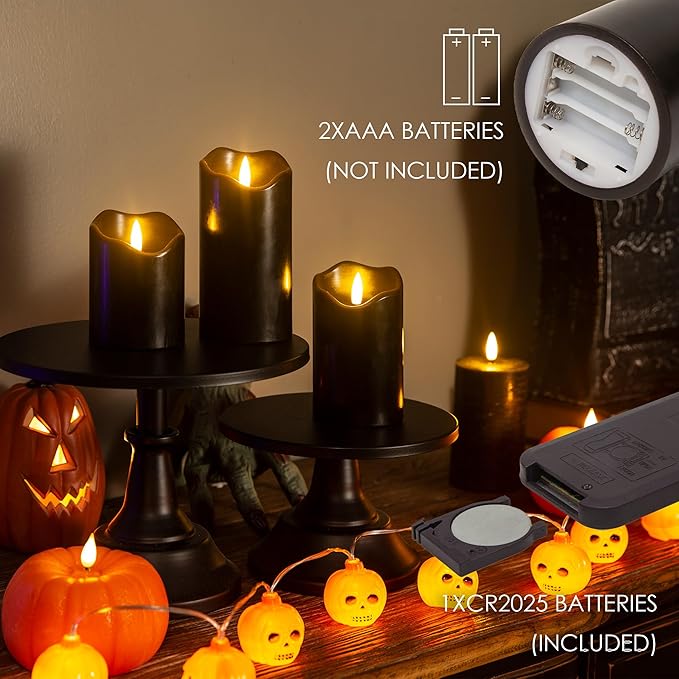 Halloween Flameless Candles with Remote, 3 Pack Battery Operated Wax LED Flickering Candles Halloween Home Party Decor for Fireplace/Shelf/Centerpiece Black