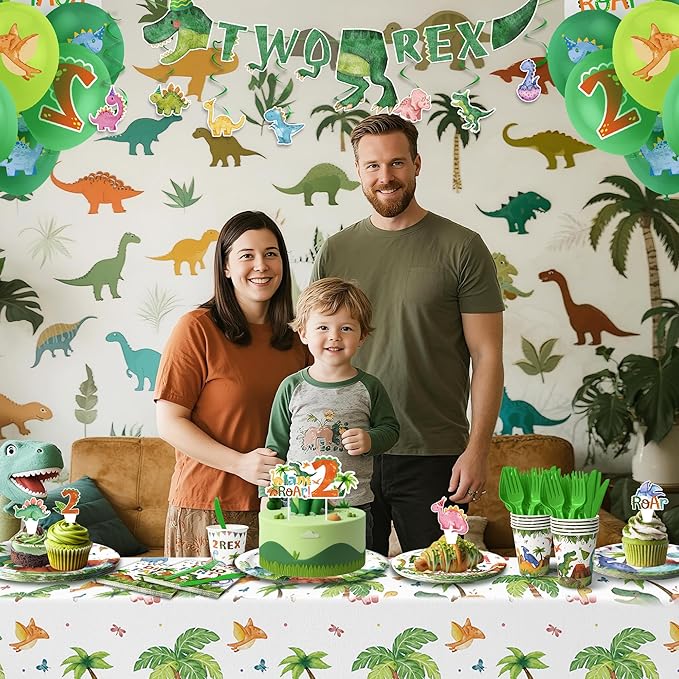 2nd Birthday Dinosaur Party Supplies Set - 197 Pcs for 24 Guests, 2-Rex Theme Decorations with Banner, Balloons, Tableware & Cake Toppers