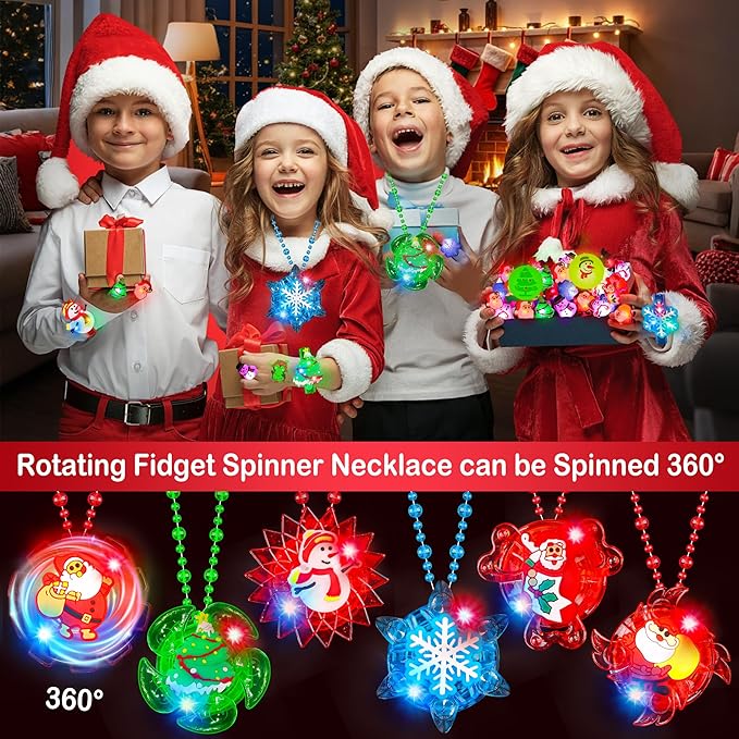 64 PCS Christmas Party Favors Bulk Glow in The Dark Party Supplies LED Christmas Toys Bulk Light Up Necklace Bracelet Rings Xmas Toy Gifts for Stocking Stuffers Holiday Favors Classroom Rewards Prizes