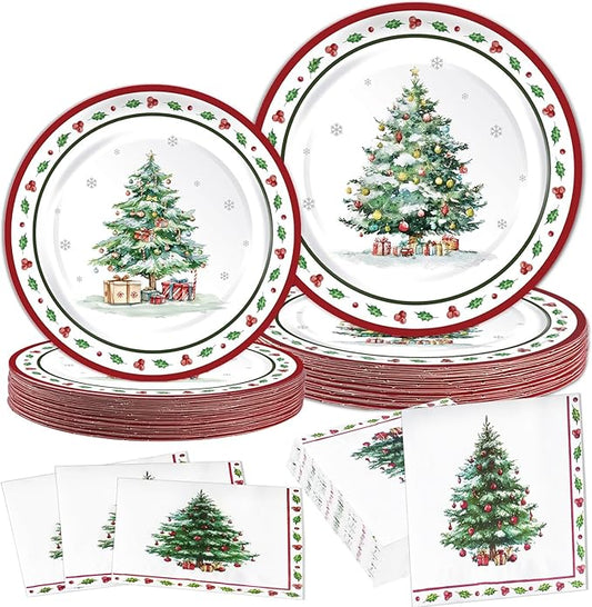150Pcs Christmas Paper Plates and Napkins Dinnerware Set, Heavy Duty Christmas Tree Dinner plates Disposable Party set, Red White and Green Tableware for Winter Xmas Wedding Party Supplies, Serves 50