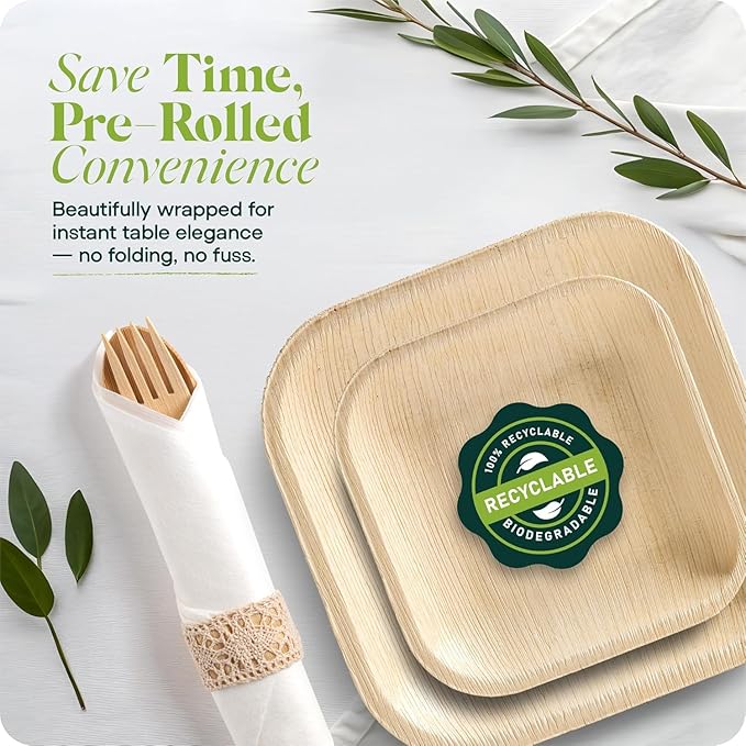Pre Rolled Napkin and Bamboo Cutlery Set - 50 Pack Bamboo Utensils Wooden Cutlery 50 Forks 50 Knives 50 Spoons 50 Napkins, Pre Wrapped Disposable Silverware Cutlery for Party, Wedding, Events