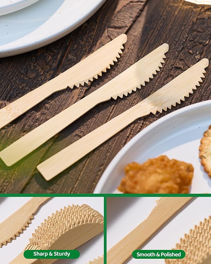 Devot 100% Natural Bamboo Disposable Cutlery Set - 120 Knives 6.7", Eco Friendly Utensils, Biodegradable, Compostable, Splinter Free and Perfect For Weddings, Camping, Party