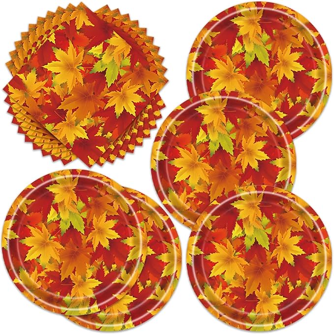 Egami 40pcs Thanksgiving Party Supplies,include 20 Dessert plate and 20 Napkin,Thanksgiving Party Plate Napkin Set，Used for Maple Leaf Party Decoration