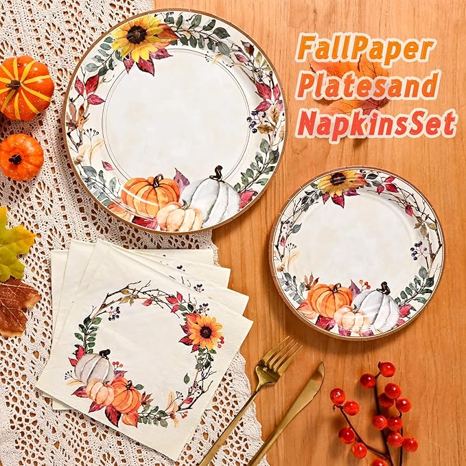 Homlouue 200 Pcs Fall Paper Plates and Napkins, Thanksgiving Plates and Napkins Sets, Fall Pumpkins Wreath Plate Disposable Party Supplies, Heavy Duty Thanksgiving Paper Plate (9" & 7")