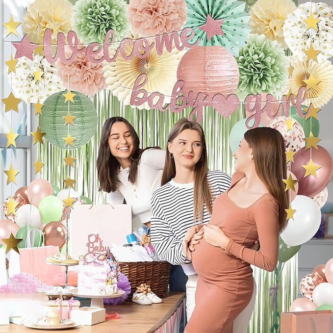 Dusty Pink Sage Green Baby Shower Decorations - Welcome Baby Girl Banner, Retro Pink Green Rosegold Balloons, 'Oh Baby' Cake Topper, Pom Poms Flowers Paper Fan For Birthday Jungle Woodland Party