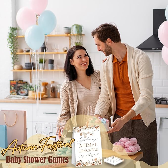 Little Pumpkin Guess How Many Animal Crackers - Thanksgiving Baby Shower Card Set (1 Sign With 50 Guess Cards), Fall Gender Reveal Party Favor Supplies -A02