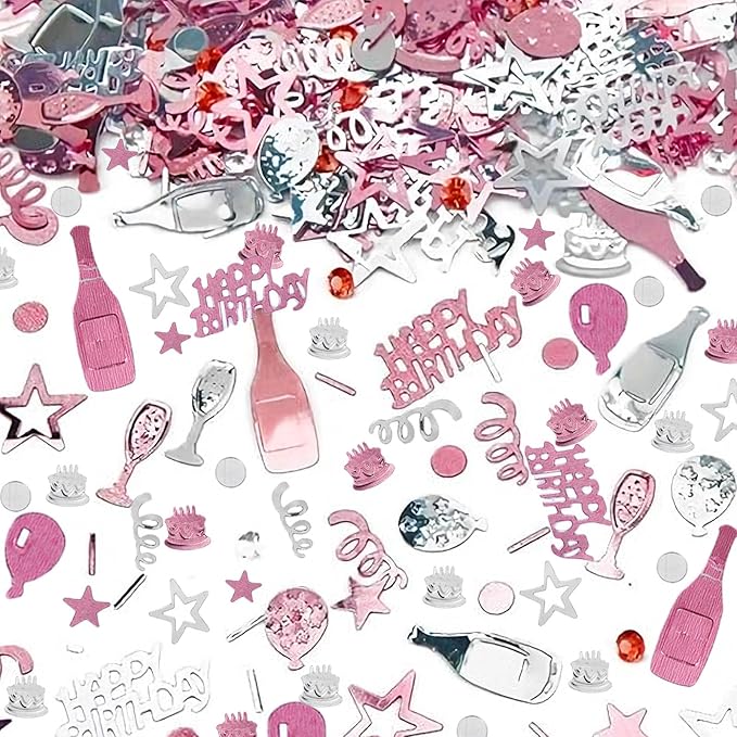 VHUWE Happy Birthday Confetti, 1.6 oz Rose Gold Silver Cake Balloon Star Goblet Bottle Glitter Confetti for Happy Birthday Party Decorations Boys Girls Kids Women Men Birthday Table Decorations