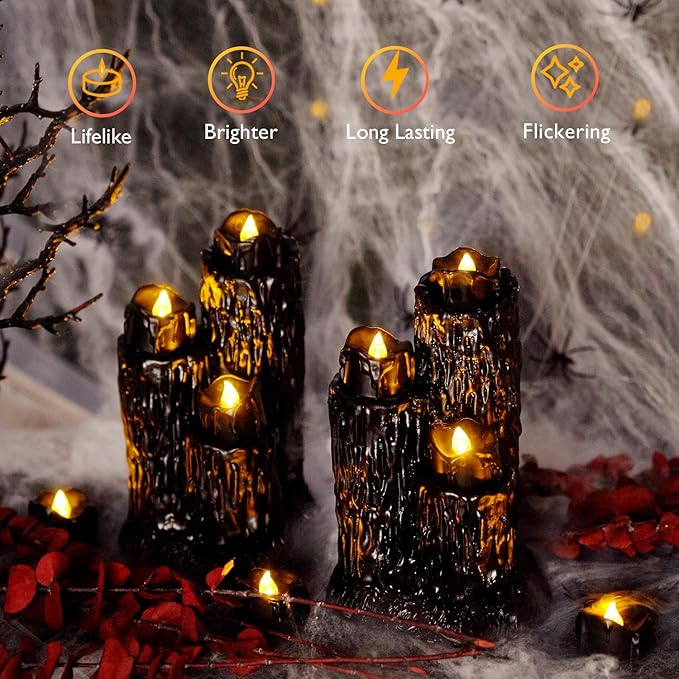 Homemory 24-Pack Halloween Black Dripping Flameless Tea Lights, Battery Operated Flickering LED Candles, Safe for Pumpkins, Party & Holiday Decor, 1.58" D x 1.2" H, Warm White Glow