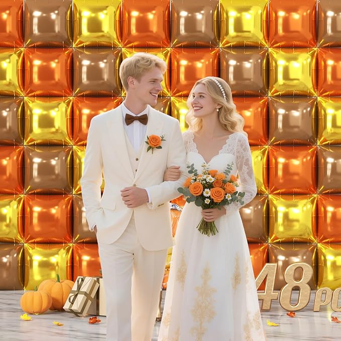 NISOCY 48PCS Orange Gold Brown Square Foil Balloons Wall Backdrop Metallic Autumn Fall Balloons Arch Kit for Thanksgiving Friendsgiving Birthday Halloween Baby Shower Fall Color Party Decorations