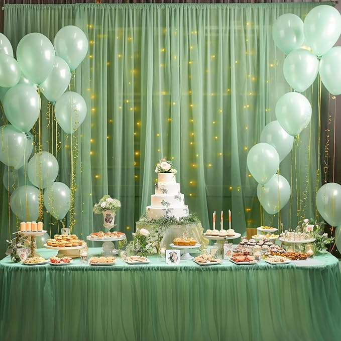 10ft x 8ft Green Backdrop Curtain with Lights String for Parties, Sheer Tulle Wedding Photo Backdrops Drapes for Baby Shower Birthday Party Decorations Background for Photography