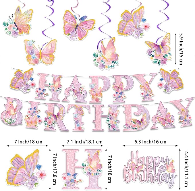 163PCS Butterfly Birthday Party Decorations, Girls Butterfly Party Supplies Disposable Plates and Napkins Set, Tableware,Banner, Hanging Swirls, Tablecloth, Cake Cupcake Topper